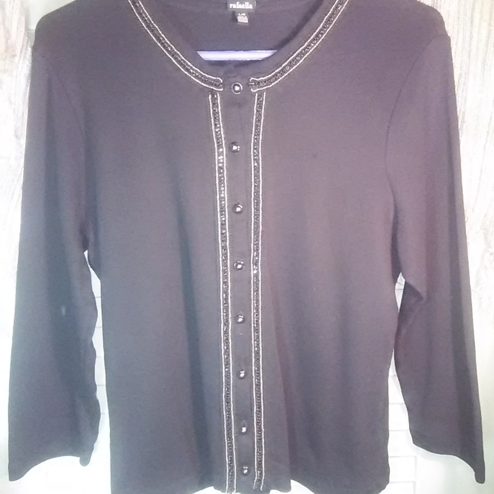 Rafaella black button down bead trim top sz Lg - Picture 1 of 6